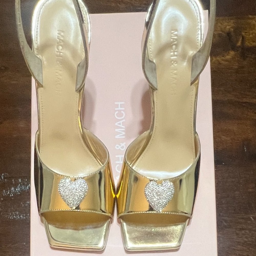 Mach & Mach Crystal Heart Gold Leather Square Toe Sandals Size 37.5